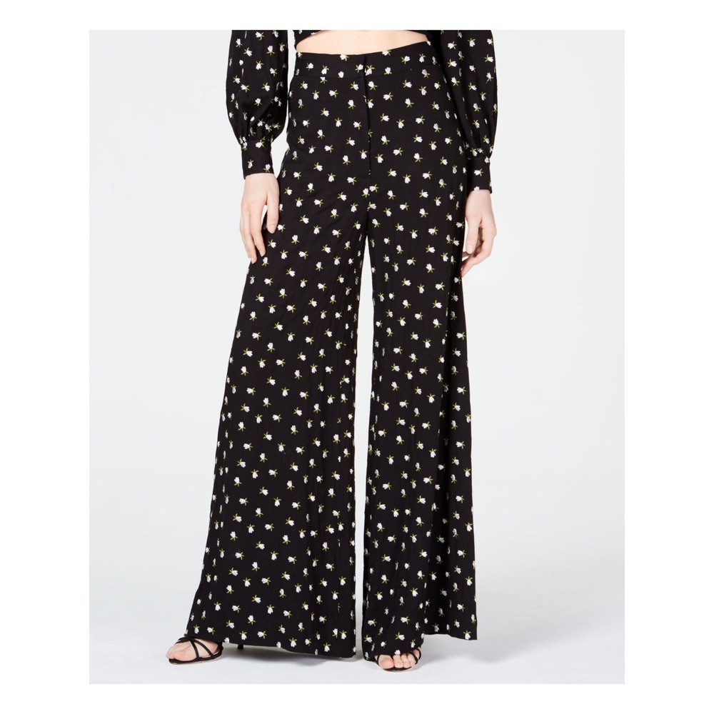 Jill Stuart Womens Black Embroidered Floral Wide Leg Flare Pants Size 2